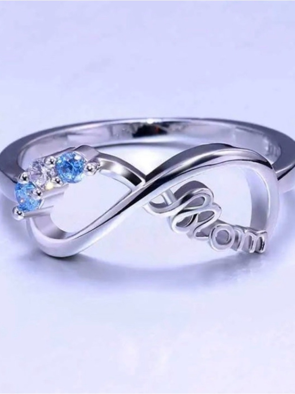 18K White Gold Blue Aquamarine Diamond Infinity We Love You MOM Ring
